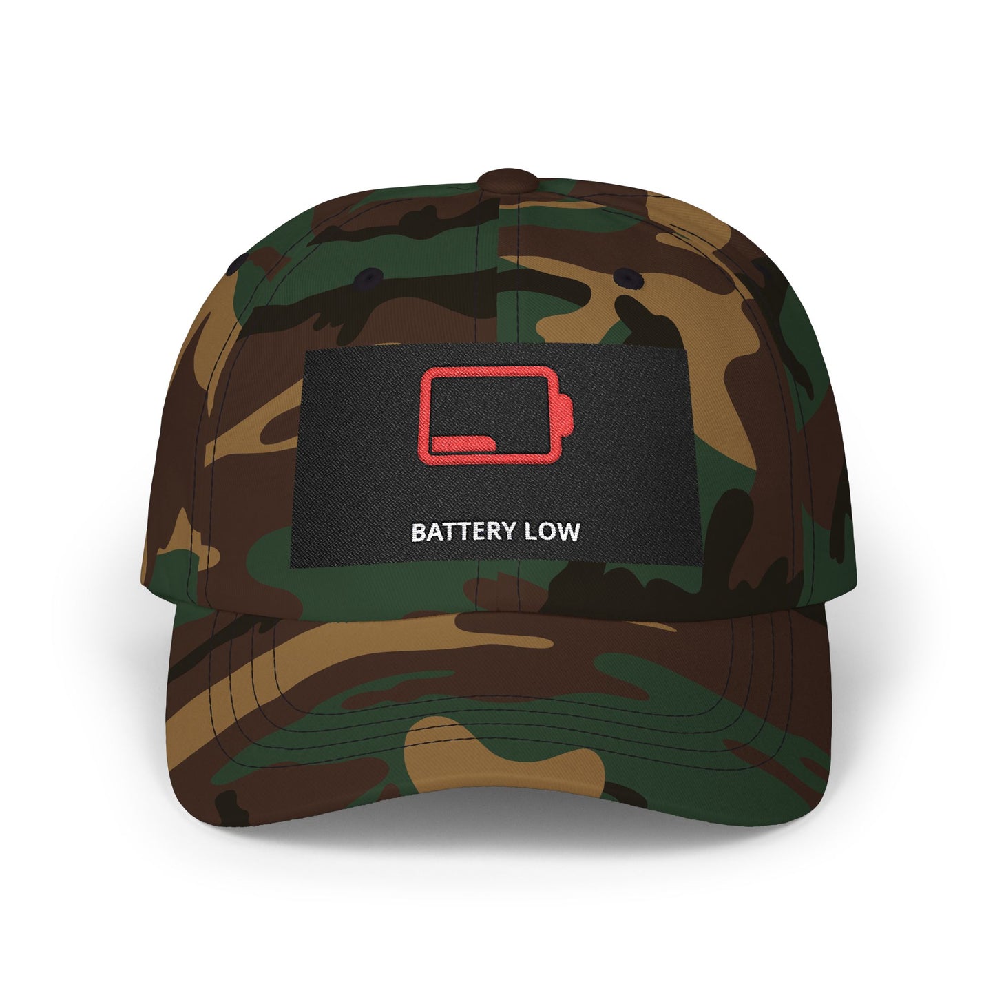 Camo Dad Cap with 'Battery Low' Patch, Casual Baseball Hat, Unique Gift for Father's Day, Outdoor Wear, Trendy Cap, Dad Accessories